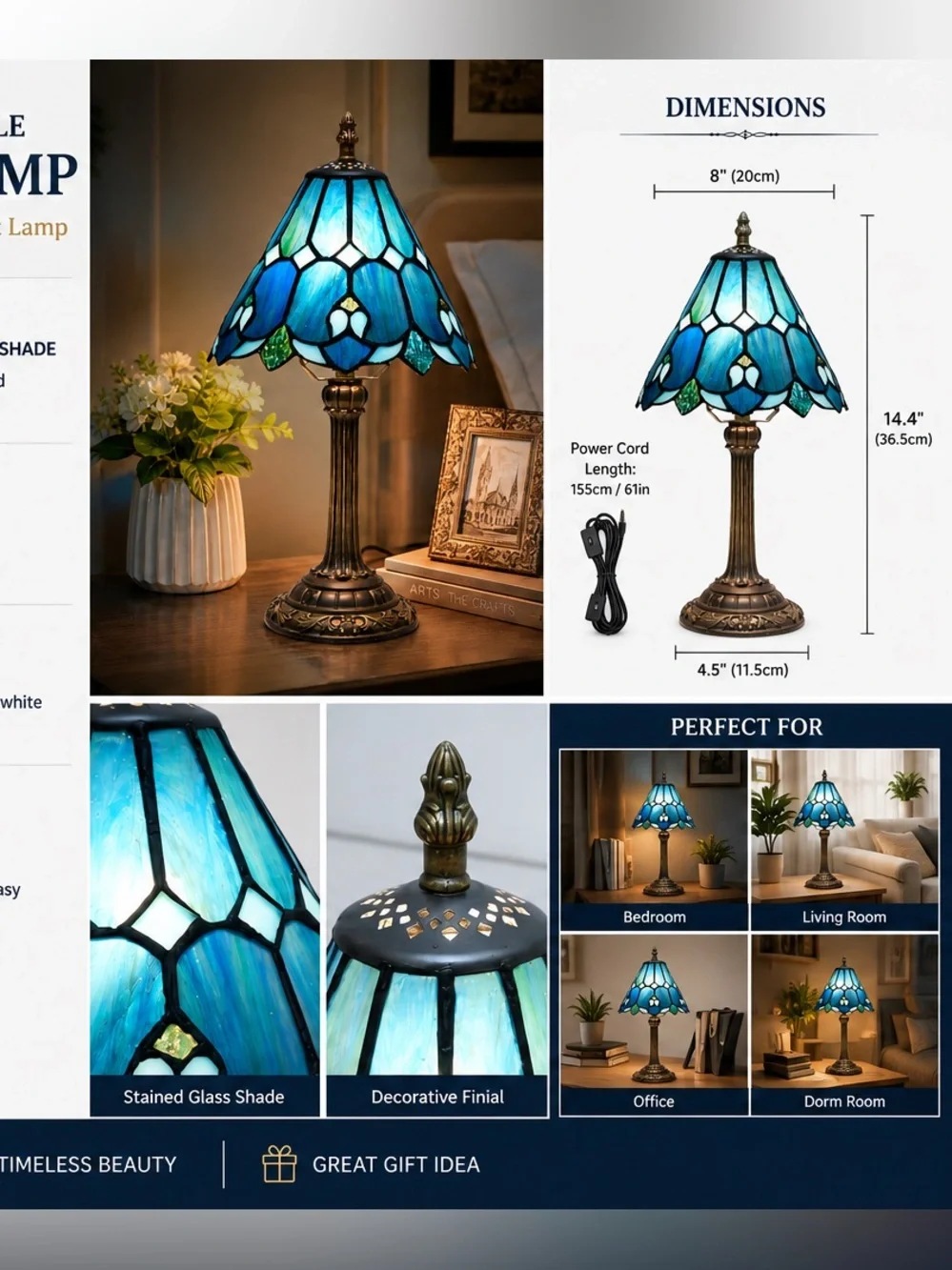 Vintage Style Blue Stained Glass Table Lamp Bedside Desk Lamp